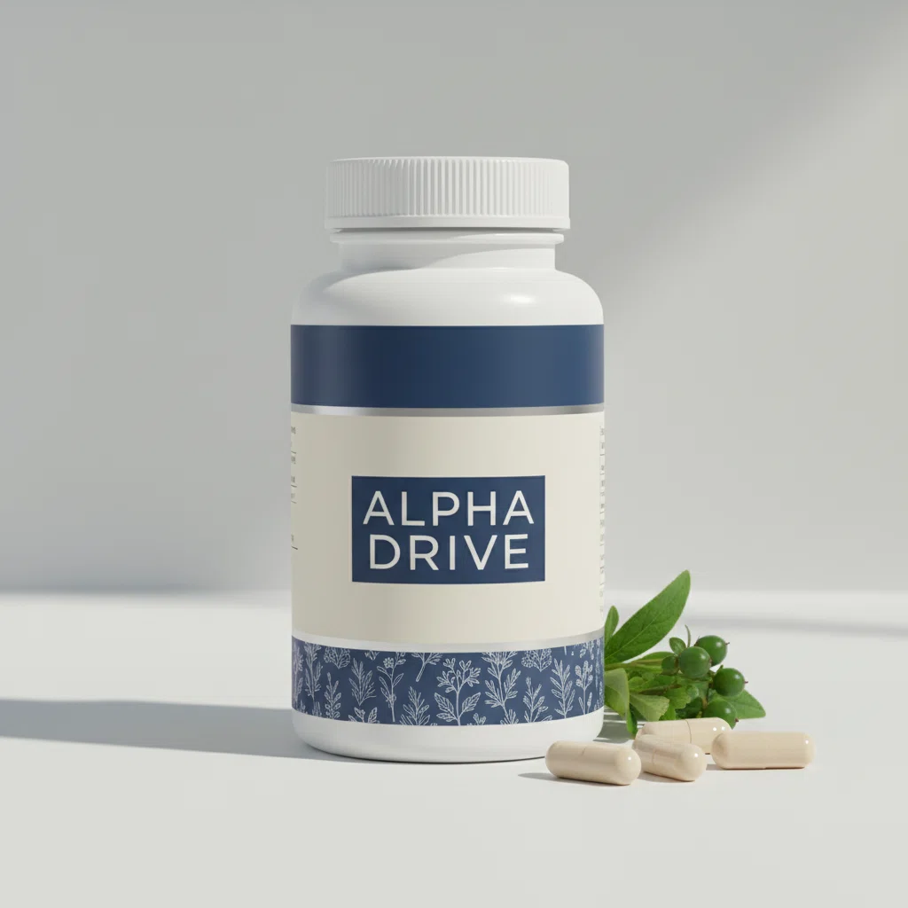 Witte cilindrische pot Alpha Drive met lichtblauwe hexagonale merkgrafiek, pompoenzaadextract mannen supplement